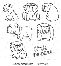 Dogs characters doodle sticker english bulldog. Funny animals isolated set