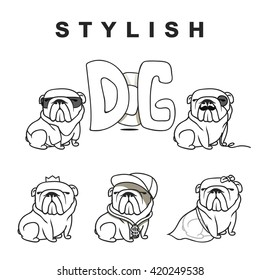 Dogs characters doodle sticker english bulldog. Funny animals isolated set