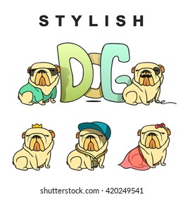 Dogs characters doodle sticker english bulldog. Funny animals isolated set