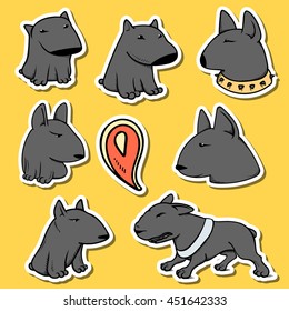 Dogs characters pit bull. Funny animals cartoon. Doodle sticker pets.