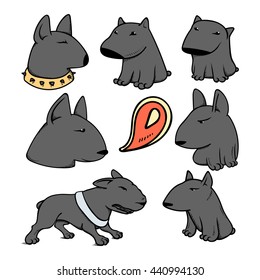 Dogs characters pitbull. Funny animals cartoon doodle dog. 