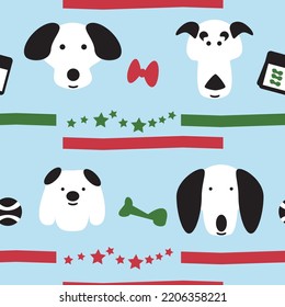 Dogs Christmas background. Dog faces, treats, bow, bone, ball, stars, red, green, black and white, on a blue background. Vector illustration. Seamless pattern.