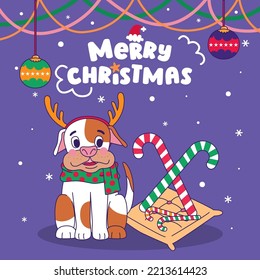 Dogs In Christmas Costumes With Candy Cane And Home Decoration, Vector, illustration, Cartoon