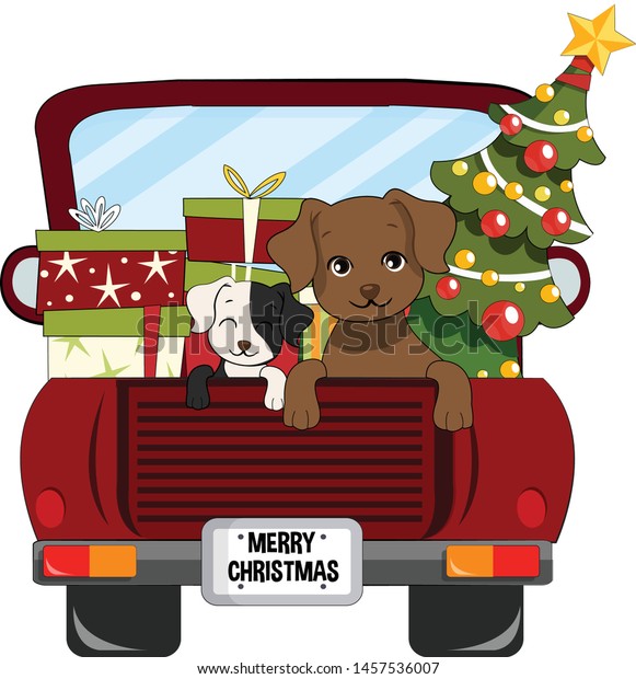 Dogs\
Christmas On Truck with Pine tree and\
Presents