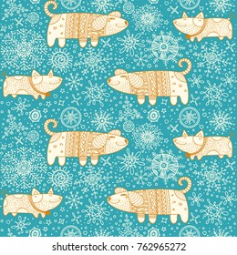Dogs christmas pattern. New Year puppies card template. Vector seamless baby animals and snowflakes background. Outline linear doodle draw seasonal symbols.