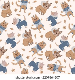 Dogs clothes seamless pattern in cartoon style.Funny pet background with various breeds in warm outfit for autumn and winter. Cute doggy repeat vector illustration with falling puppies, leaves, flower