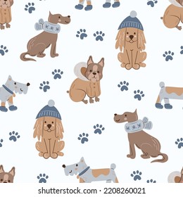 Dogs clothes seamless pattern Winter, autumn, warm clothes for pets. Cozy beige background with various dogs breeds for textile, fabric, shop, product, packaging