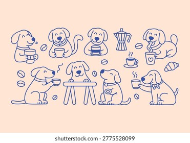 Dogs With Coffee Doodle Outline Vector Illustration Set