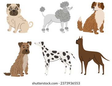 Dogs collection. Cartoon dogs of different breeds. Pet animal, cute puppy. Pug, poodle, Great Dane, Dalmatian. Vector hand draw illustration.