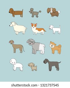 Dogs collection. Cute cartoon puppies of different breeds
