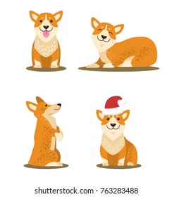 Dogs collection of icons, domestic pets and happy mood, canines with sticked out tongue, closed eyes, wearing red Christmas hat vector illustration