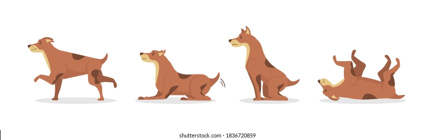 Dogs collection isolated on white background. Dogs tricks icons and workout action digging dirt, jump, sleeping running and barking. Cartoon set character in flat style. Vector illustration.