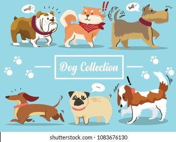 Dogs collection. Vector illustration of funny cartoon different breeds dogs.