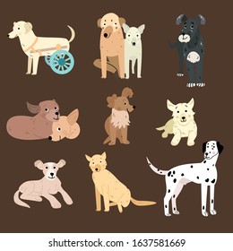 Dogs collection. Vector illustration of funny hand-drawn different dogs in trendy flat style. Isolated on white.