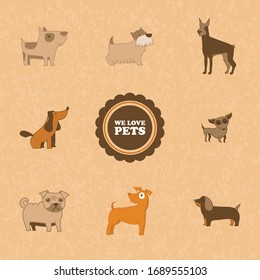 Dogs collection. Vector illustration of funny cartoon different breeds dogs in trendy flat style.