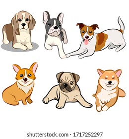 Dogs collection, Vector illustration of funny cartoon different breeds dogs in trendy flat style. Isolated on white.