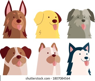 Dogs collection. Vector illustration of funny cartoon dogs of different breeds in modern flat style. 6 differents dogs. Isolated on white. Tongue sticking out.