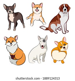 Dogs collection, Vector illustration of funny cartoon different breeds dogs in trendy flat style. Isolated on white.