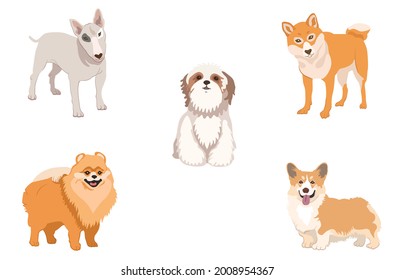 Dogs collection. Vector illustration of funny cartoon different breeds dogs in trendy flat style. Isolated on white.