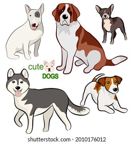 Colección de perros, ilustración vectorial de divertidas caricaturas de diferentes razas perros de estilo moderno y plano. Aislado en blanco.