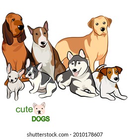 Dogs collection, Vector illustration of funny cartoon different breeds dogs in trendy flat style. Isolated on white.