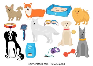 Dogs collection. Vector illustration of funny cartoon different breeds dogs in trendy flat style. Isolated on white.
