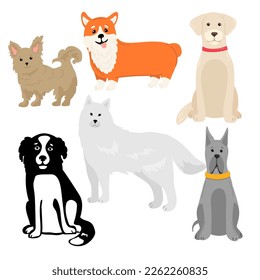 Dogs collection. Vector illustration of funny cartoon different breeds dogs in trendy flat style. Isolated on white.