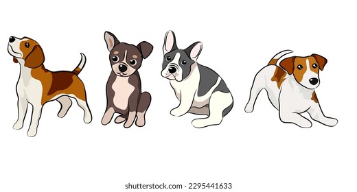 Dogs collection, Vector illustration of funny cartoon different breeds dogs in trendy flat style. Isolated on white.