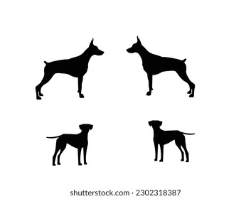 Dogs collection. Vector illustration of funny cartoon different breeds dogs in trendy flat style. Isolated on white and black.Vector silhouette of dog on white background. Vector illustration of cute.