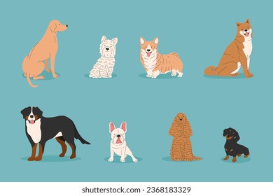 Dogs collection. Vector illustration of funny cartoon different breeds dogs in trendy flat style. French Bulldog, Rottweiler, Dachshund, Shiba, Labrador. Cute small and big pets.