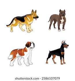 Dogs collection. Vector illustration of funny cartoon different breeds dogs in trendy flat style. 