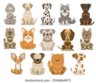 Dogs collection. Vector illustration of sitting breed dogs in flat style. Isolated illustrations set on white background.