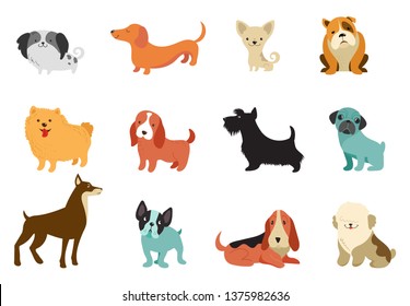 Dogs collection of vector illustrations. Funny cartoon different breeds dogs in flat style