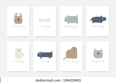 Dogs collections. Cute doodle cards, postcards, poster with puppies, text space