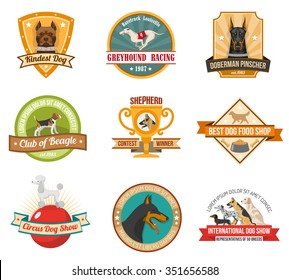 Dogs colored emblems set with pet award shields and cups isolated vector illustration