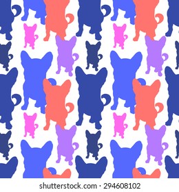 Dogs colored silhouettes on white background. Seamless pattern with puppy.