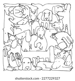 Dogs. Coloring page for children. Various dogs, bunny, bird. Sketch Vector linear illustration