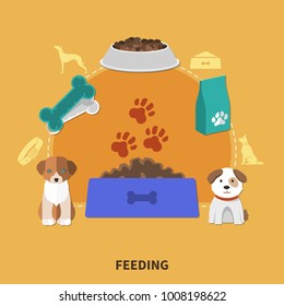 Dogs composition with two small puppy characters images of bowlful and pet food packages with silhouettes vector illustration