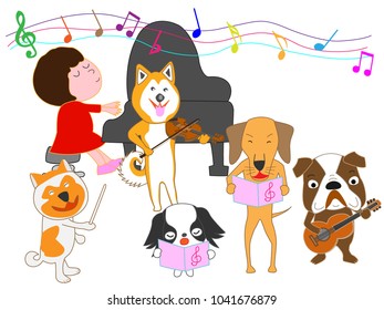 A dog's concert. Children and dogs are singing and playing instruments.
