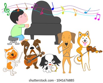 A dog's concert. Children and dogs are singing and playing instruments.

