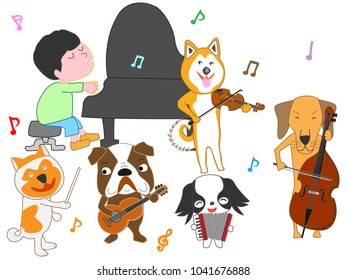 A dog's concert. Children and dogs are singing and playing instruments.
