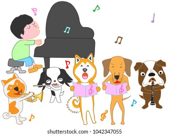 A dog's concert. Children and dogs are singing and playing instruments.
