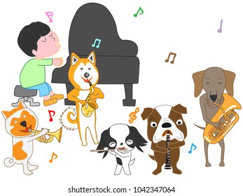 A dog's concert. Children and dogs are singing and playing instruments.
