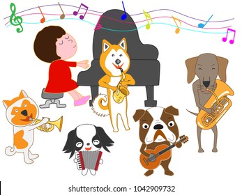A dog's concert. Children and dogs are singing and playing instruments.
