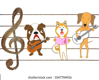 A dog's concert. A dog is playing a guitar.

