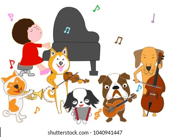 A dog's concert. Dogs are singing with children and playing instruments.
