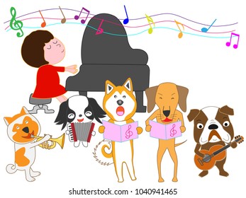 A dog's concert. Dogs are singing with children and playing instruments.
