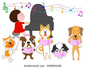 A dog's concert. Dogs are singing with children and playing instruments.
