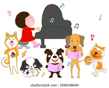 A dog's concert. Dogs are singing and playing instruments.
