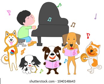 A dog's concert. Dogs are singing and playing instruments.
